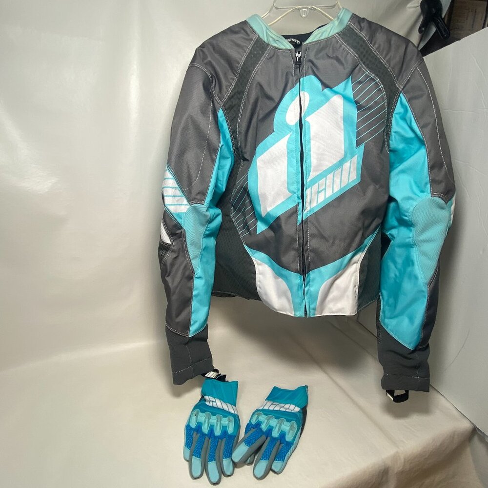 ICON Women's Overlord Gray Turquoise Motorcycle Riding Jacket and Gloves Size‎ M